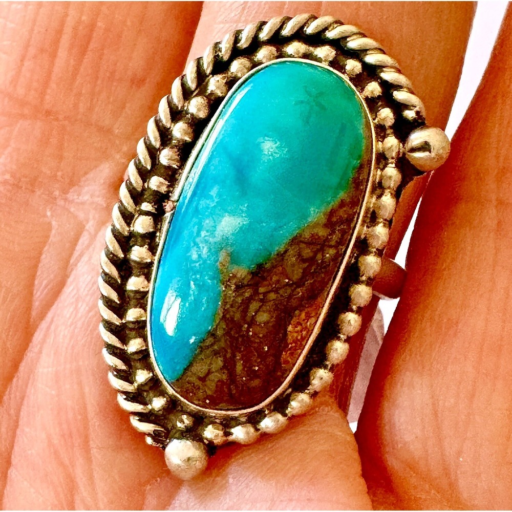 Navajo Natural Turquoise Ring Sz 8 Signed V Williams Sterling Asymmetrical Rope
